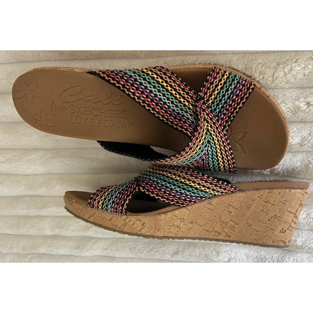 Skechers Cali Luxe Foam Womens Multi Color Woven Cork Wedge Sandals Slides
